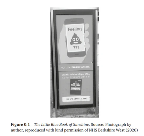The image shows a black and white photo of a bus stop advertisement. On the poster, a hand is holding up a mobile phone with the words "Feeling" and a poop emoji in a speech bubble. Three question marks appear below the poop emoji. At the bottom of the advertisement, there is a logo of "The Little Blue Book of Sunshine". 