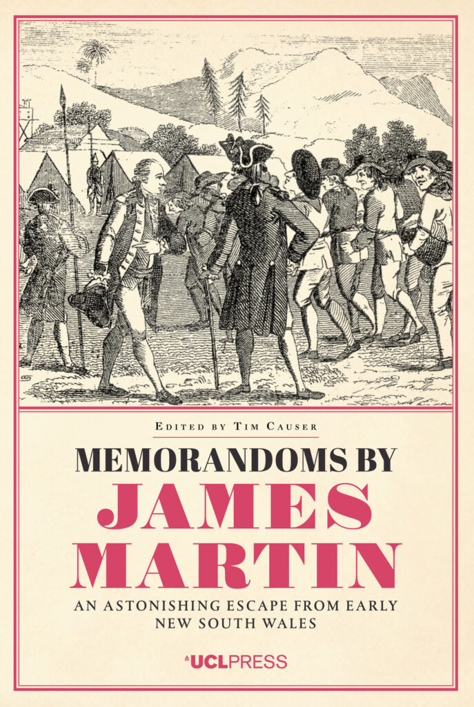 Cover image from of Memorandoms by James Martin, showing the landing of Convicts at Botany Bay.