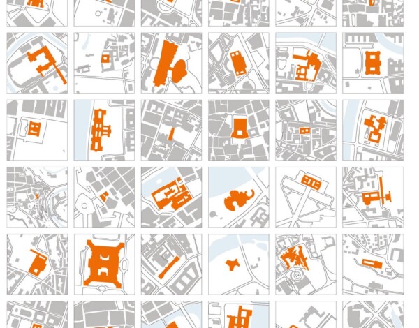 The image, from the cover of Parliament Buildings, is a collage of multiple square panels, each depicting different urban planning maps. The maps show a variety of building layouts in orange against a gray background representing streets and open spaces. Each panel focuses on different configurations and densities of urban structures, providing an overview of city planning designs or layouts