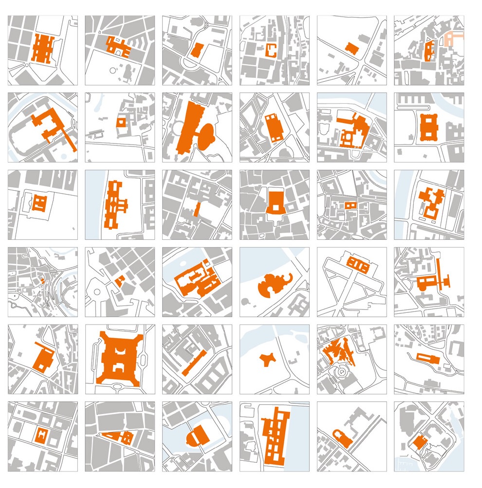 The image, from the cover of Parliament Buildings, is a collage of multiple square panels, each depicting different urban planning maps. The maps show a variety of building layouts in orange against a gray background representing streets and open spaces. Each panel focuses on different configurations and densities of urban structures, providing an overview of city planning designs or layouts