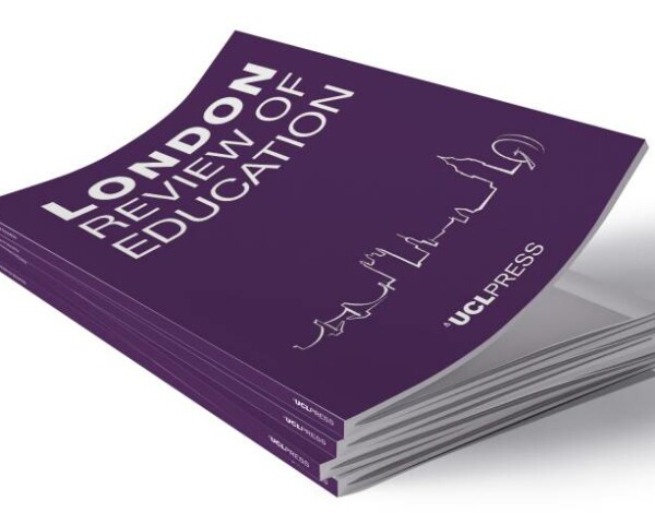 The image depicts a purple cover featuring the title “LONDON REVIEW OF EDUCATION” in white capital letters. Below the title is a white silhouette skyline of London, including recognizable landmarks such as the London Eye and Tower Bridge.