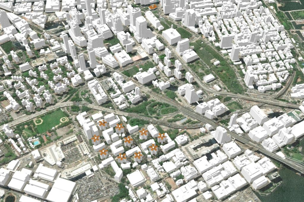 View of Downtown Brooklyn’s Fabric with Infill Housing Spatially Integrating the Farragut Housing Towers (indicated by use of brown roof). By Author.