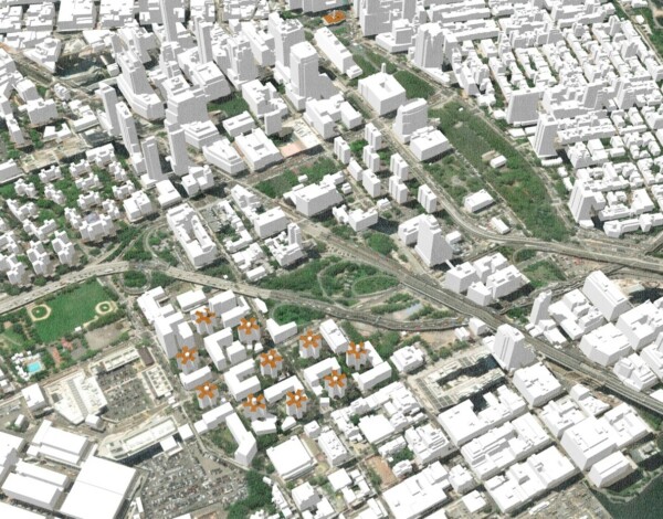 View of Downtown Brooklyn’s Fabric with Infill Housing Spatially Integrating the Farragut Housing Towers (indicated by use of brown roof). By Author.