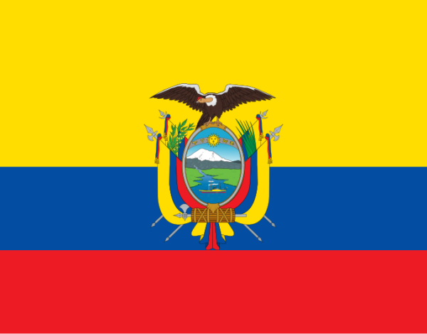 The national flag of Ecuador, which consists of horizontal bands of yellow (double width), blue and red, with a coat of arms in the centre.