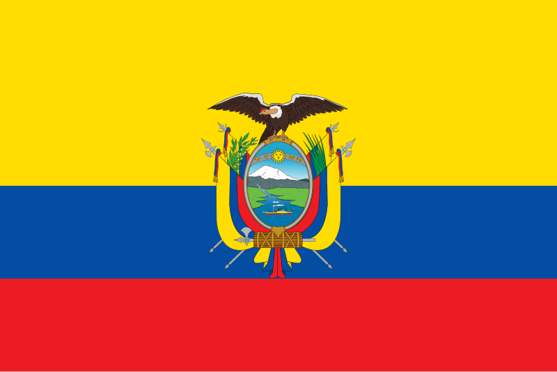 The national flag of Ecuador, which consists of horizontal bands of yellow (double width), blue and red, with a coat of arms in the centre.