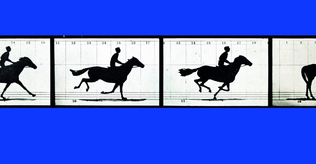 The image shows a sequence of four frames from Eadweard Muybridge’s motion study, which features on the cover of Methods and Methodologies in Heritage Studies. The images capture a horse in different stages of a gallop. Each frame depicts the horse and rider in various positions: the first frame with all four hooves on the ground, the second with the front hooves lifted, the third with all hooves off the ground, and the fourth with the rear hooves touching down. The background has grid lines for reference, and each frame is numbered 9 to 12 at the bottom.