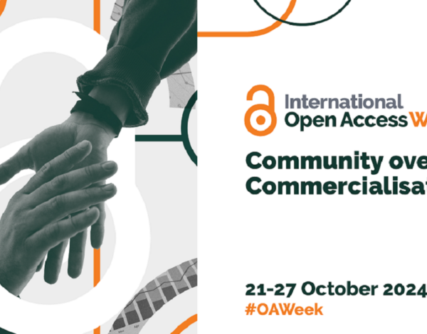 The image is a promotional graphic for International Open Access Week. On the left, there is a monochrome image of two hands reaching towards each other, overlaid with large, semi-transparent open lock shapes. Behind the hands, there are snippets of spreadsheets and graphs in grayscale. On the right is the text section on a plain light background, stating the event's name and theme. The event's name,