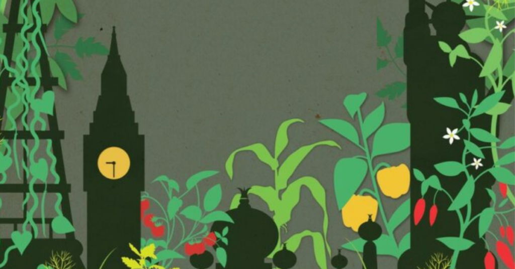 A city skyline with plants growing round it, against a khaki green sky.