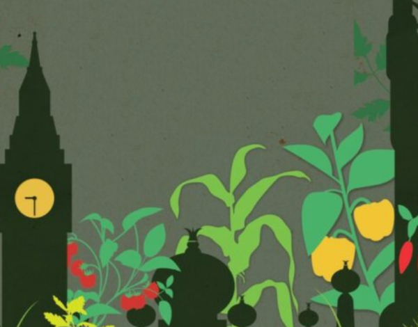 A city skyline with plants growing round it, against a khaki green sky.