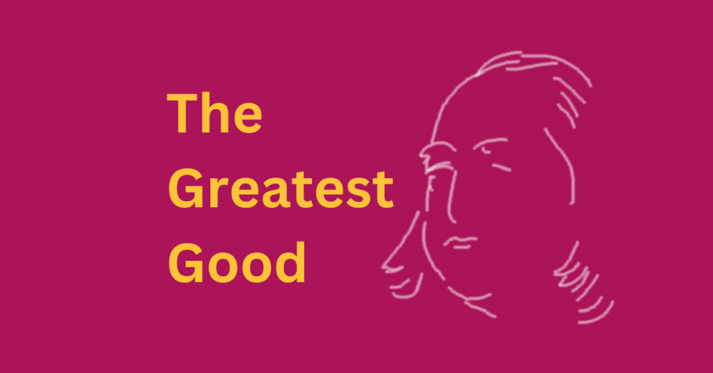 'Pink and yellow graphic featuring a line drawing of Jeremy Bentham, the text 'Coming soon: The Greatest Good'.