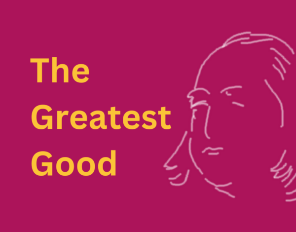 'Pink and yellow graphic featuring a line drawing of Jeremy Bentham, the text 'Coming soon: The Greatest Good'.