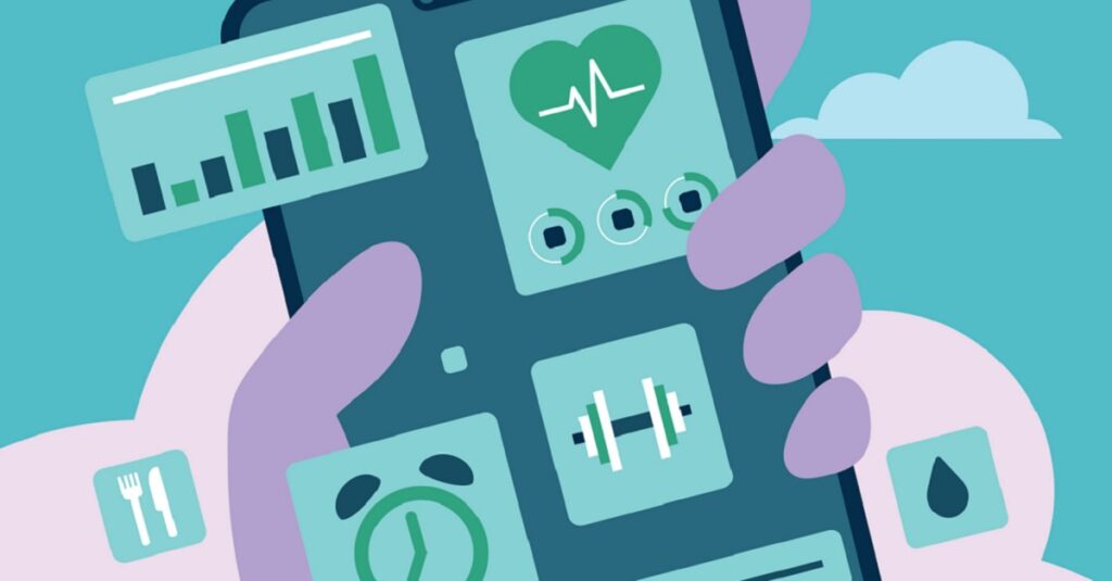 Illustration of a hand holding a smartphone displaying health app icons.