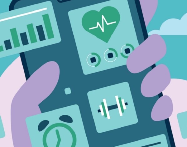 Illustration of a hand holding a smartphone displaying health app icons.
