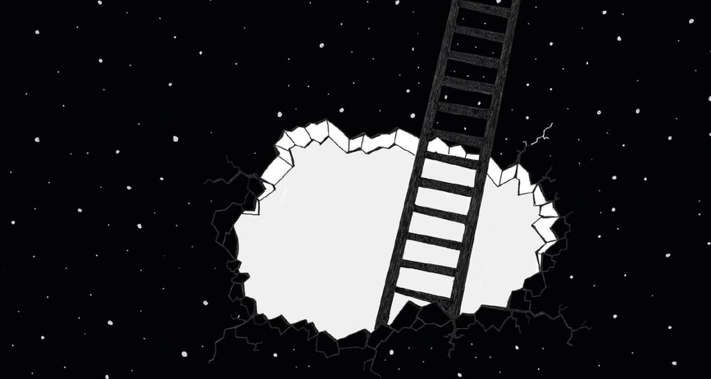 A ladder descends into a jagged hole against a black background with white dots.