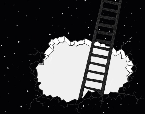 A ladder descends into a jagged hole against a black background with white dots.