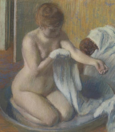 Edgar Degas’s artwork, Woman in a tub, circa 1883, presented in pastel on paper. The portrait features a nude woman kneeling in a shallow, circular bathtub. She holds a white towel in her right hand. A second towel lies draped across a dark red armchair to her left. A pale green door stands open in the background, framed by yellow wallpaper.