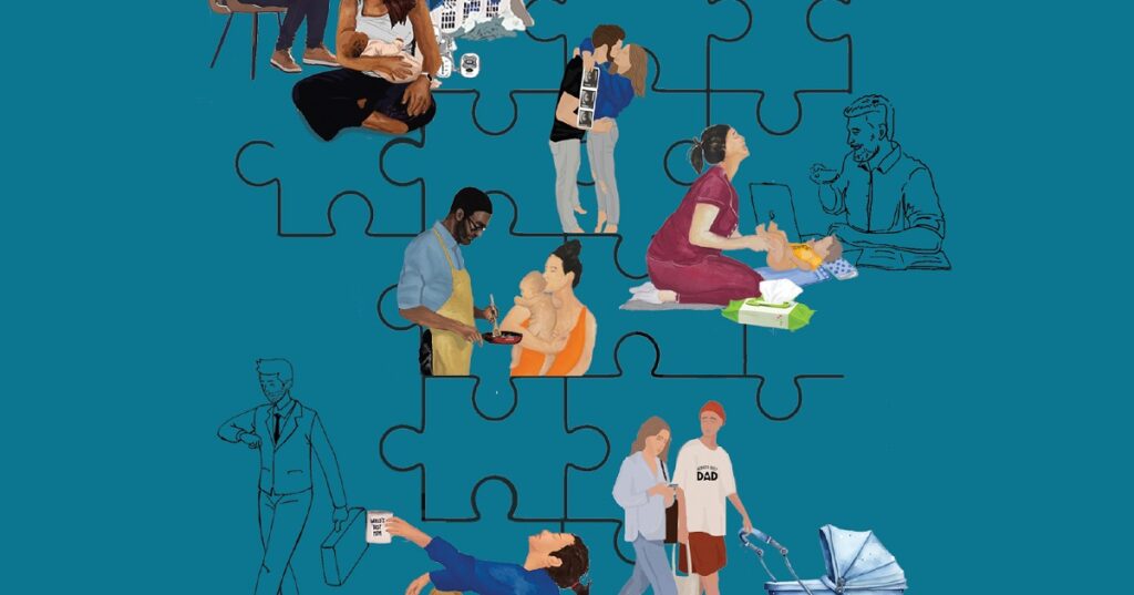 The image features a jigsaw puzzle with pieces that are filled with illustrations of various people engaged in different activities. The background is a solid teal color. Each puzzle piece showcases a unique scene: one has an individual reading, another shows two people having a conversation, and others depict individuals working on laptops, sitting thoughtfully, and walking.