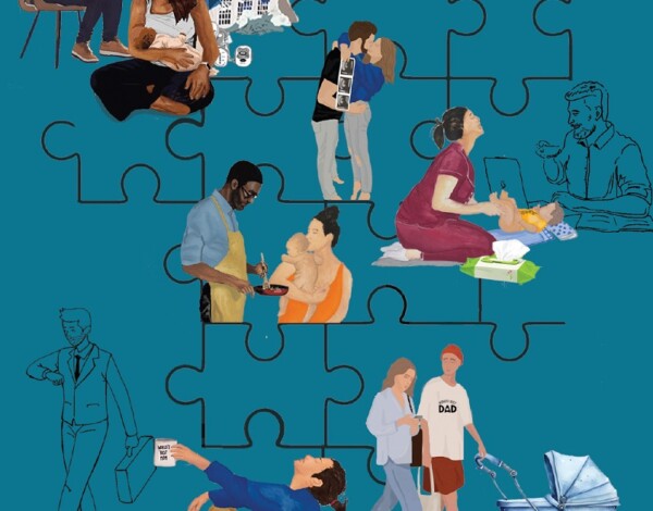 The image features a jigsaw puzzle with pieces that are filled with illustrations of various people engaged in different activities. The background is a solid teal color. Each puzzle piece showcases a unique scene: one has an individual reading, another shows two people having a conversation, and others depict individuals working on laptops, sitting thoughtfully, and walking.