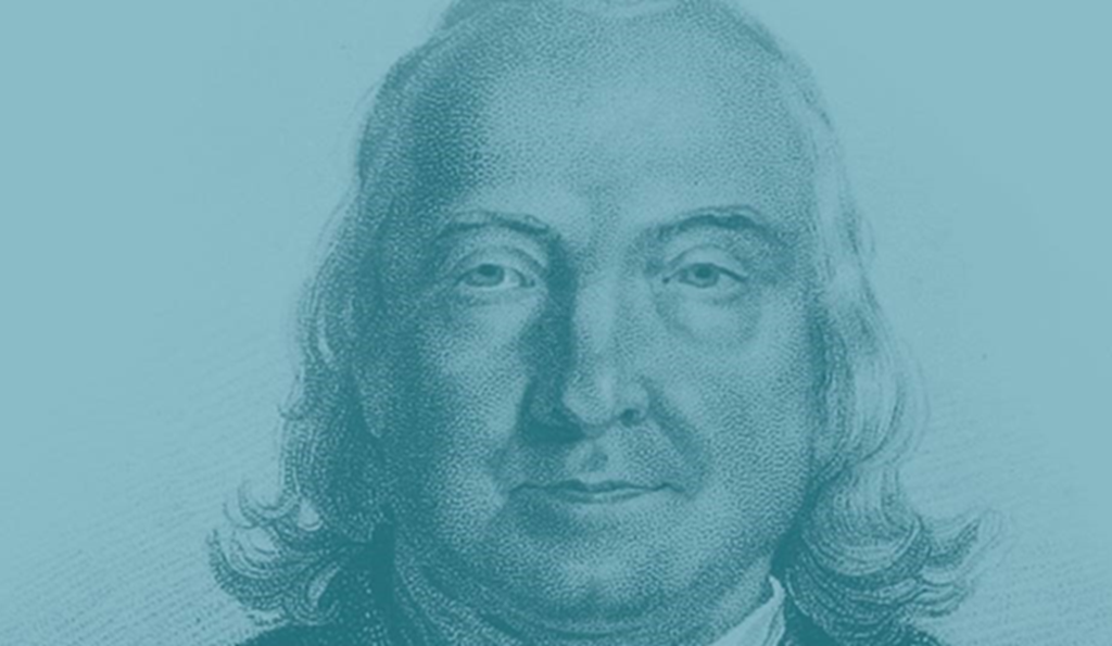 Monochrome blue portrait of Jeremy Bentham,