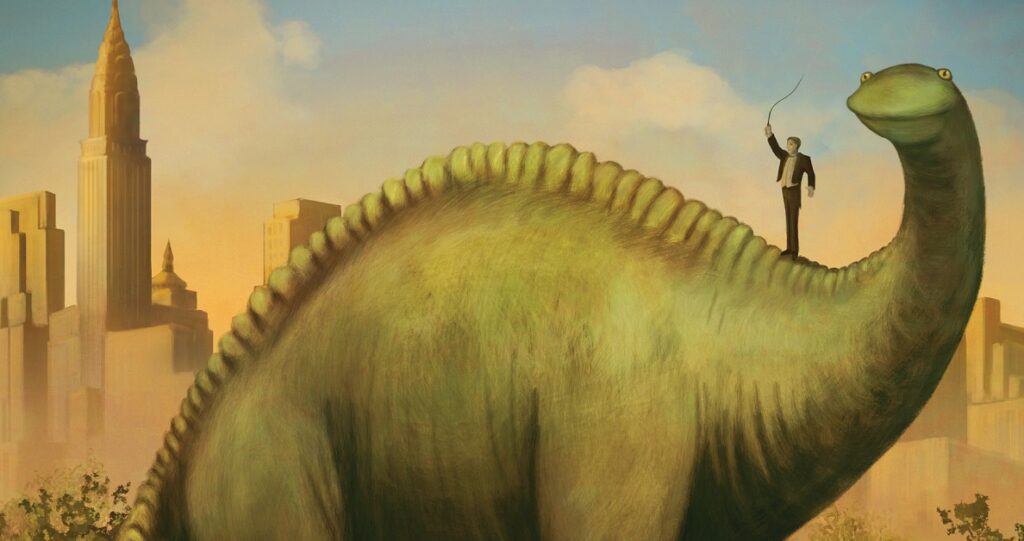 A large green dinosaur with a man in a suit on its back, set against a cityscape with skyscrapers.