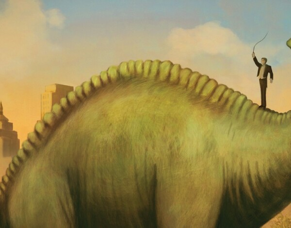 A large green dinosaur with a man in a suit on its back, set against a cityscape with skyscrapers.