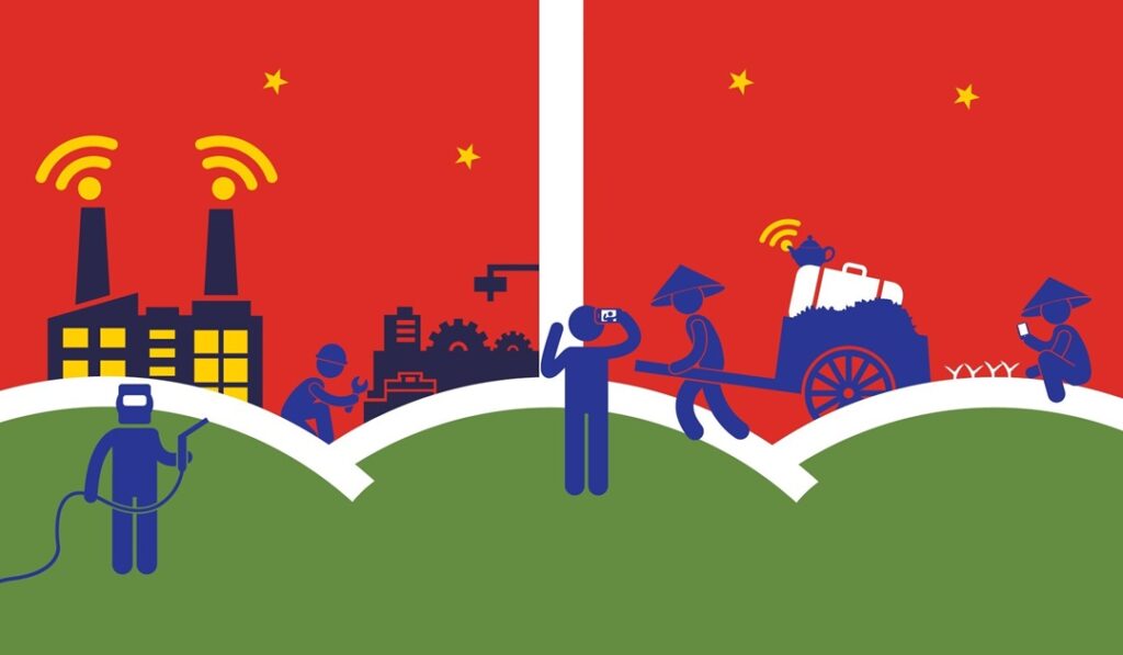 Illustration depicting a split scene, represnting the Chinese factory workers' split lives: on the left, a modern setting with industrial buildings, people using advanced technology, and a car; on the right, a historical setting with people in traditional attire, using an ox-drawn plow.