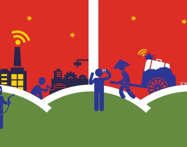 Illustration depicting a split scene, represnting the Chinese factory workers' split lives: on the left, a modern setting with industrial buildings, people using advanced technology, and a car; on the right, a historical setting with people in traditional attire, using an ox-drawn plow.