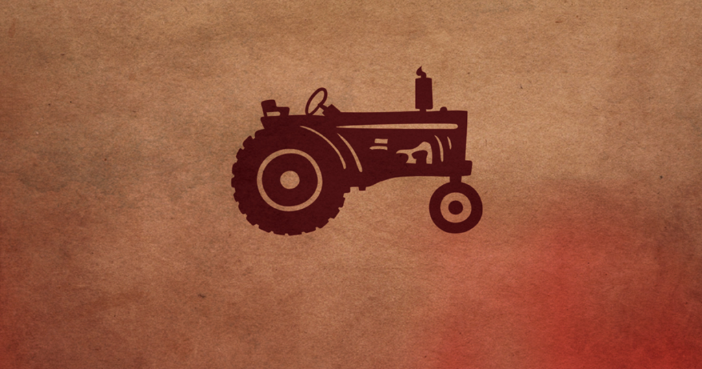 Silhouette of a tractor on a textured red and brown background, as featured on the cover of The Laissez-faire Peasant