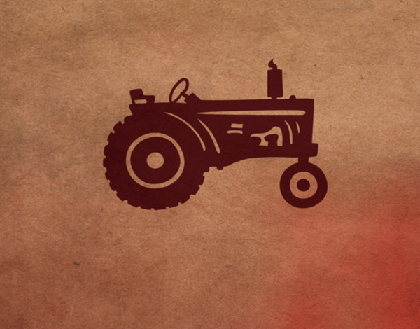 Silhouette of a tractor on a textured red and brown background, as featured on the cover of The Laissez-faire Peasant