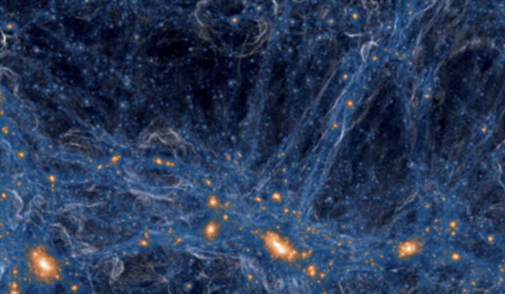 A detailed image of outer space showing cosmic web structures. Blue filaments stretch across, with bright orange patches representing galaxies or galaxy clusters.