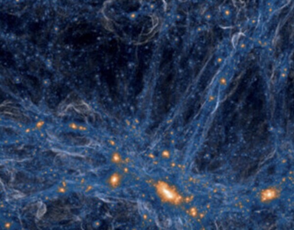A detailed image of outer space showing cosmic web structures. Blue filaments stretch across, with bright orange patches representing galaxies or galaxy clusters.