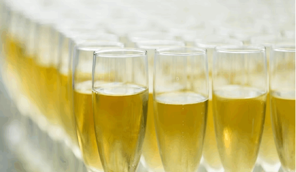 Rows of champagne flutes filled with golden liquid.