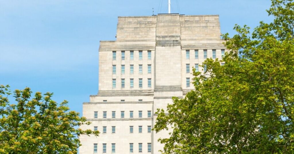 Senate House, part of the University of London, viewed from Store Street, Bloomsbury, London