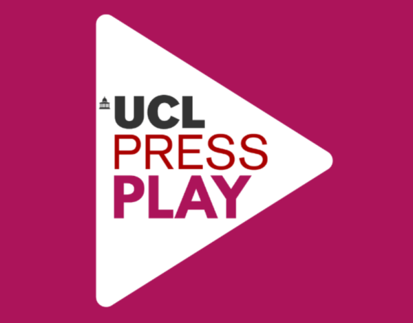 A white play button with the text 'UCL Press Play' on a coloured background.