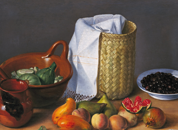 Still life painting of vegetables, fruits, and containers on a table.