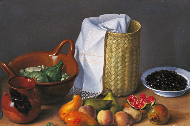 Still life painting of vegetables, fruits, and containers on a table.