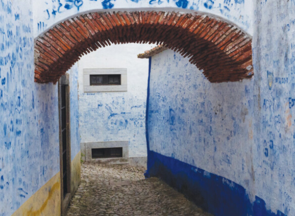 A narrow cobblestone alleyway with white walls covered in blue graffiti and a red brick archway overhead, as featured on the cover of New Sensory Approaches to the Past.