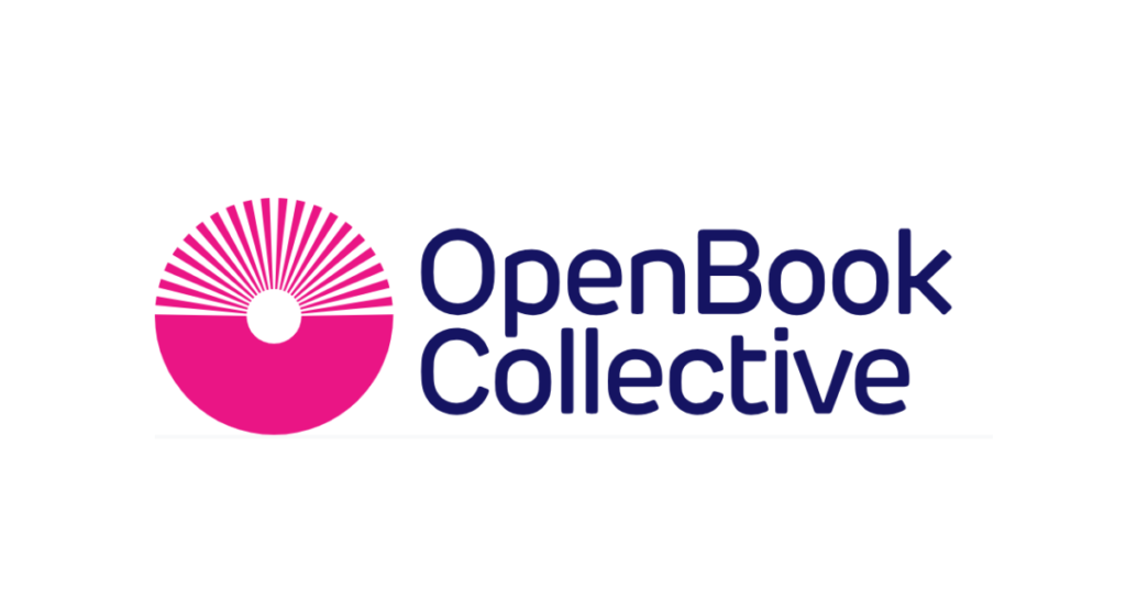 Logo of OpenBook Collective featuring a pink circle with radiating lines and the text "OpenBook Collective" in navy blue.
