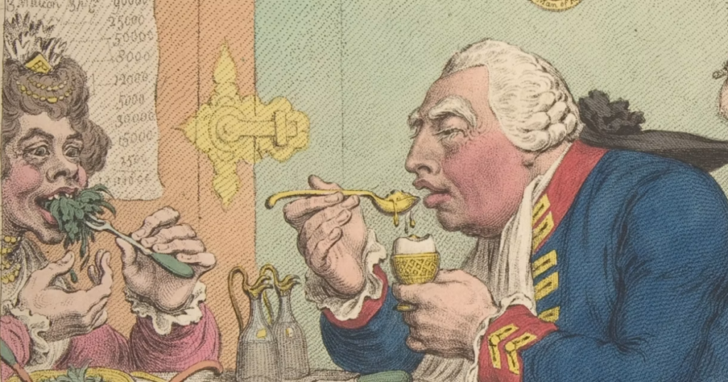 Satirical engraving of two richly dressed figures eating at a table, including a large man in a blue coat holding a bowl and spoon.