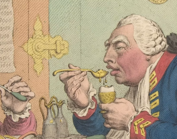Satirical engraving of two richly dressed figures eating at a table, including a large man in a blue coat holding a bowl and spoon.