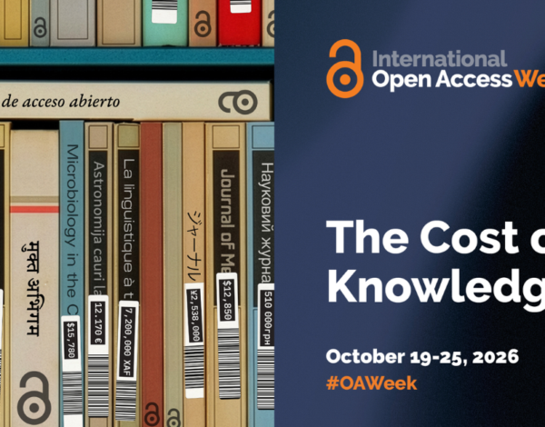 Promotional graphic for International Open Access Week featuring multilingual books with price labels beside the title “The Cost of Knowledge,” October 19–25, 2026.