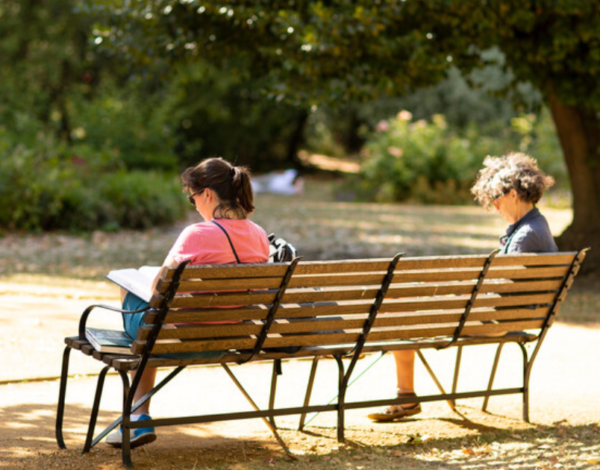 Two people sit on a wooden park bench in a sunny garden; one holds an open book.